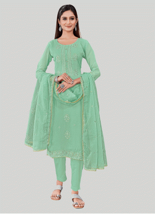 Green Chanderi Fancy Work Women's Salwar suit