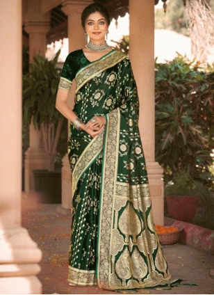 Green color Satin Traditional Saree with Weaving work