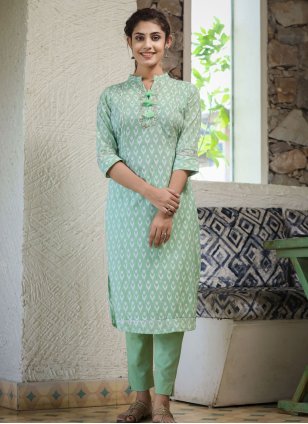 Green Cotton  Embroidered Party Wear Kurti