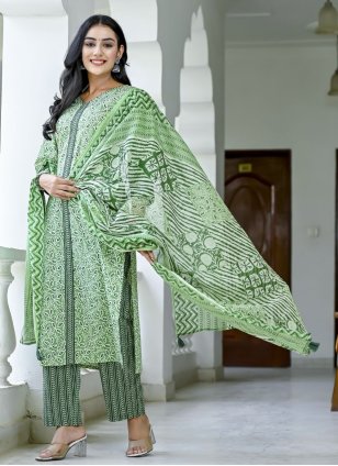 Green Cotton  Printed Readymade Salwar Suits