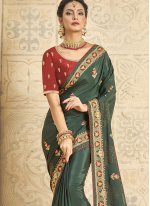 Green Crepe Embroidered Classic Saree