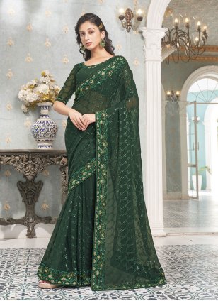 Green Georgette Embroidered Classic Sari