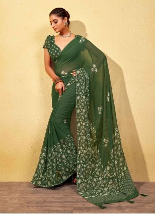 Green Georgette Foil Print Trendy Sari