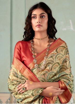 Green Handloom Silk Flower Print Designer Sari