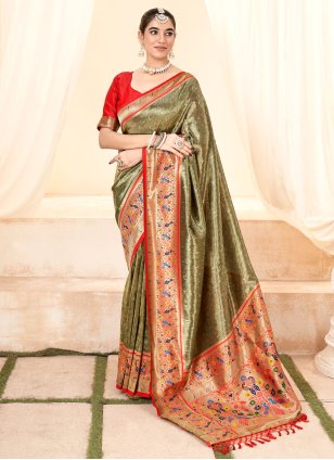 Green Handloom Silk Jacquard Contemporary Sari