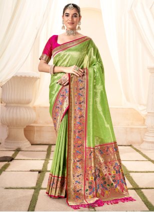 Green Handloom Silk Jacquard Designer Sari