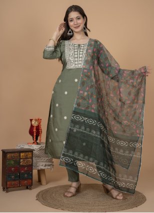 Green Muslin Embroidered Readymade Salwar Suits