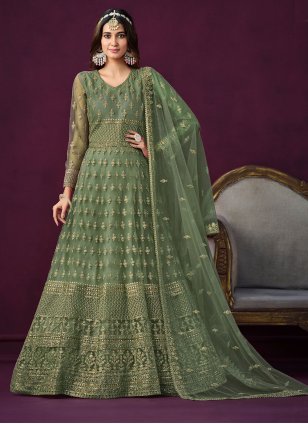 Green Net Embroidered Anarkali Suit