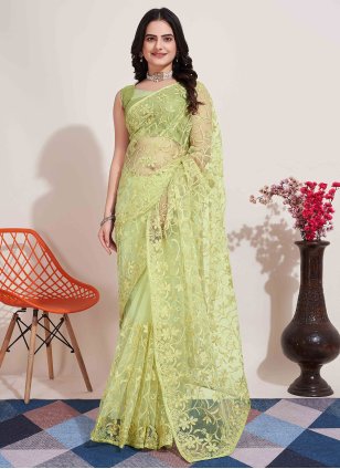 Green Net Embroidered Trendy Sari