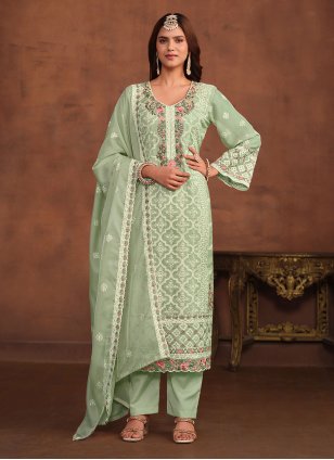 Green Organza Embroidered Salwar suit