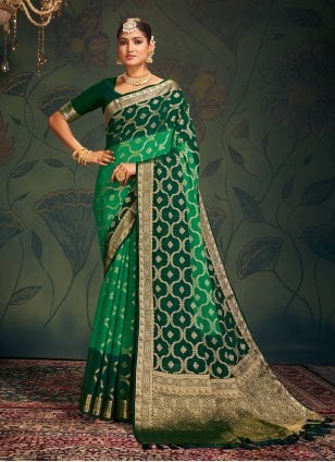 Green Pure Georgette Weaving Classic Sari