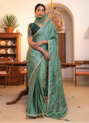 Green Satin Embroidered Classic Saree