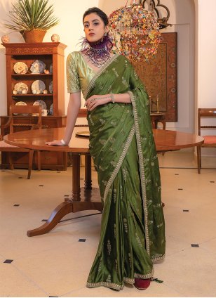 Green Satin Embroidered Trendy Saree
