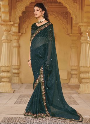 Green Shimmer Embroidered Classic Sari