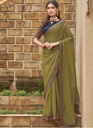 Green Shimmer Embroidered Trendy Saree
