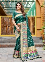 Green Silk Bandhej Print Designer Sari