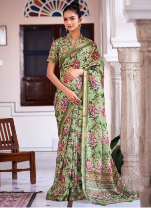 Green Silk Digital Print Designer Sari