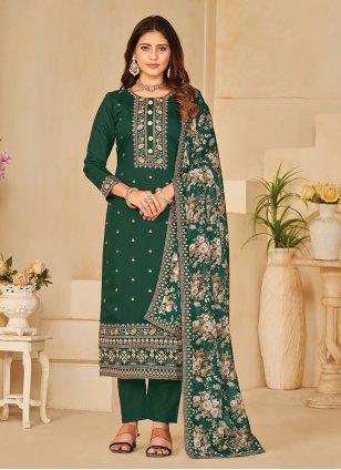 Green Silk Embroidered Trendy Salwar Kameez