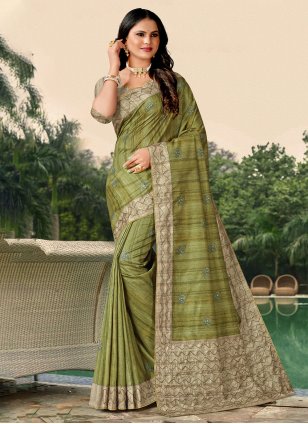 Green Tussar Silk Katha Classic Sari