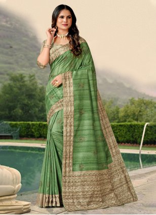 Green Tussar Silk Katha Designer Saree