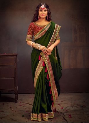 Green Vichitra Silk Border Contemporary Sari