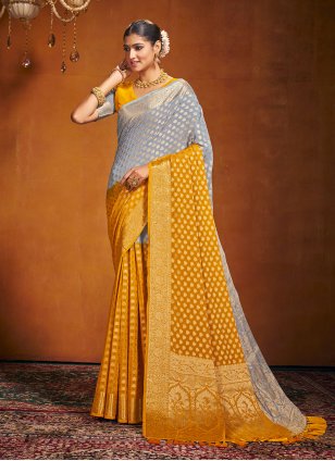 Grey and Mustard Pure Georgette Weaving Designer Sari