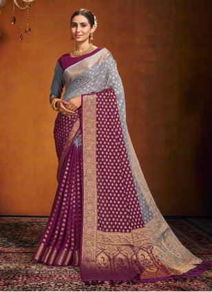 Grey and Purple Pure Georgette Weaving Contemporary Sari