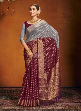 Grey and Wine Pure Georgette Weaving Classic Sari
