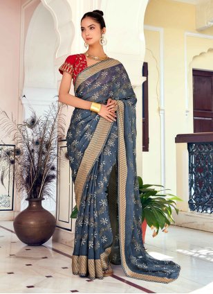 Grey Brasso Foil Print Trendy Sari