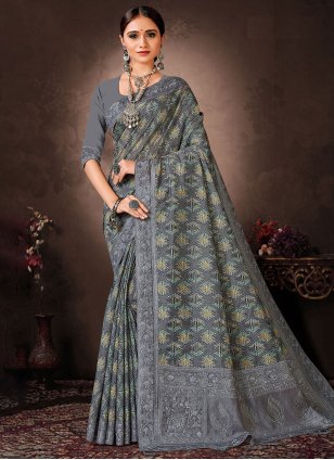 Grey Chanderi Digital Print Trendy Saree