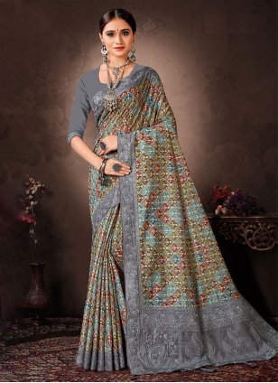 Grey Chanderi Digital Print Trendy Sari