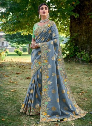 Grey Fancy Fabric Embroidered Trendy Sari