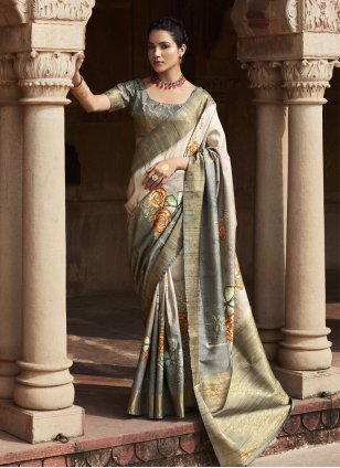 Grey Handloom Silk Woven Contemporary Sari