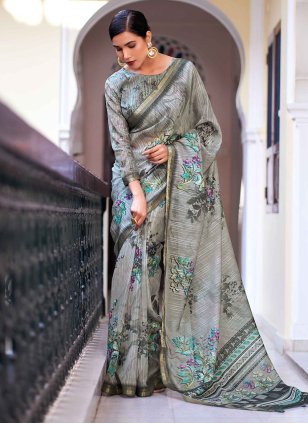 Grey Linen Digital Print Trendy Sari