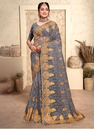 Grey Net Embroidered Classic Sari