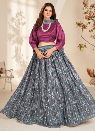 Dazzling Grey Color Embroidered Work Lehenga In Satin Fabric