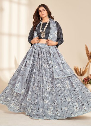 Buy Odette Grey Jimmy Chu Embroidered Semi Stitched Lehenga with Unstitched  Blouse (Set of 3) online