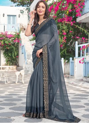 Grey Shimmer Embroidered Trendy Saree