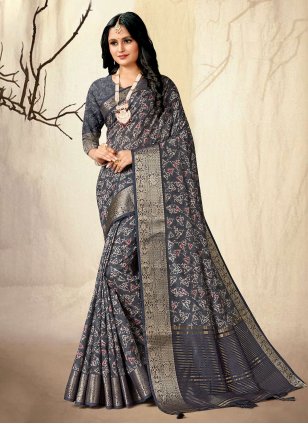 Grey Silk Digital Print Classic Sari