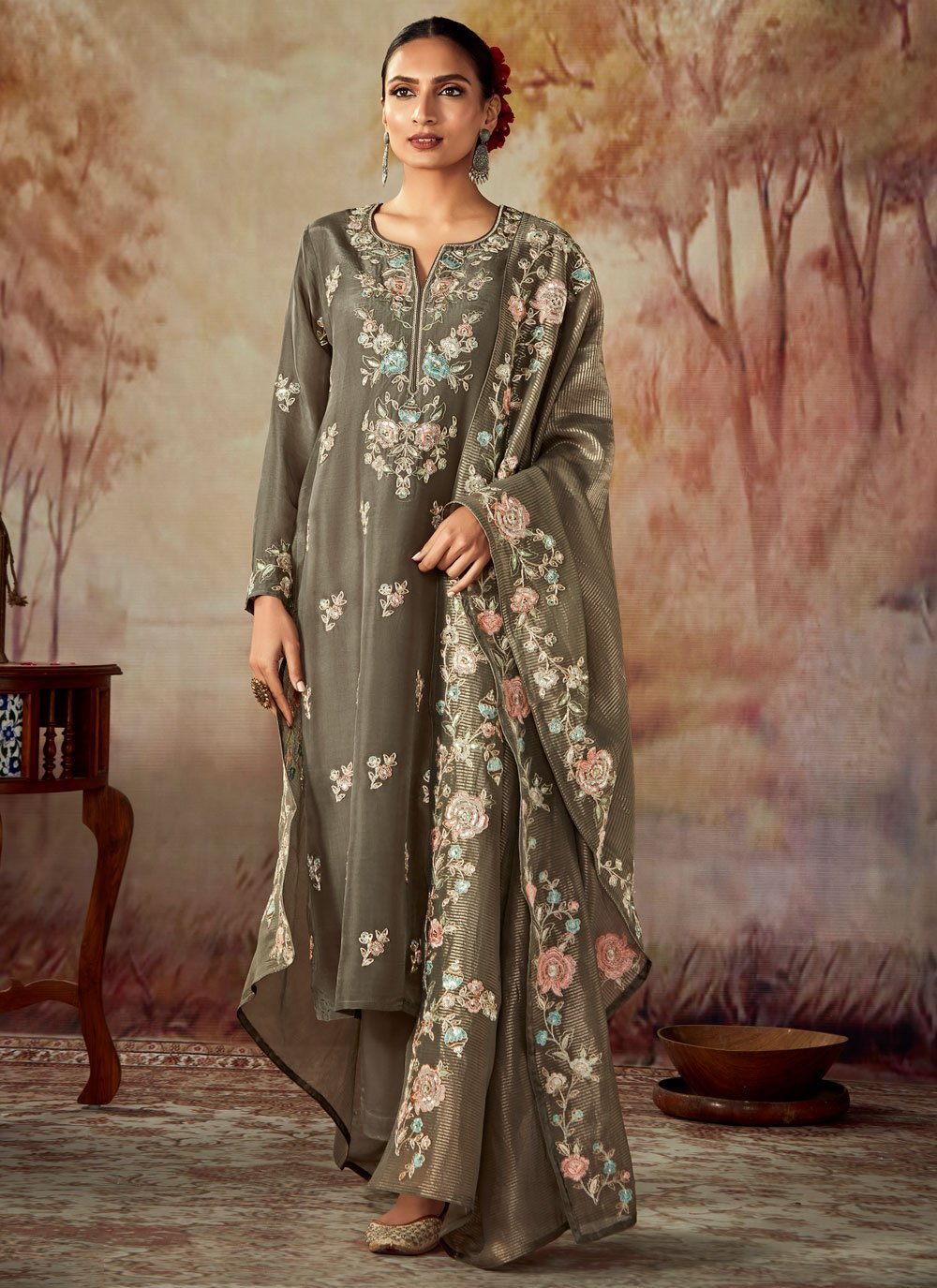 Beckoning Silk Embroidered Pant Style Suit 