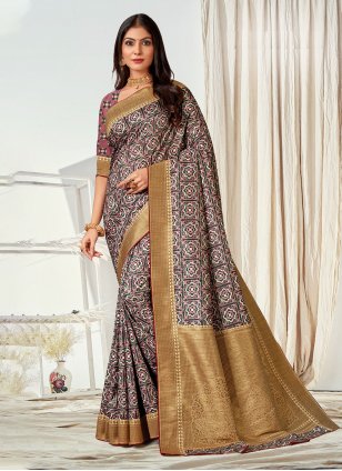 Grey Tussar Silk Digital Print Trendy Sari
