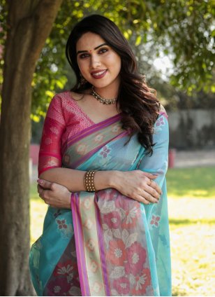 Hot Pink and Turquoise Organza Weaving Designer Sari