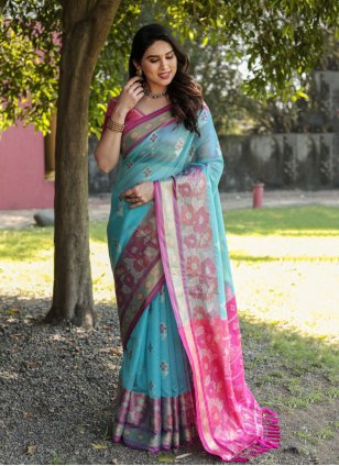 Hot Pink and Turquoise Organza Weaving Designer Sari
