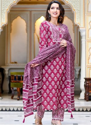 Hot Pink Cotton  Printed Readymade Salwar Kameez