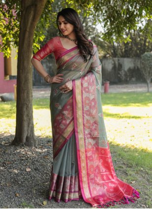 Hot Pink Organza Weaving Designer Saree