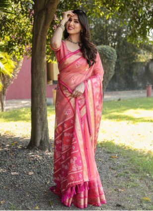 Hot Pink Organza Weaving Designer Sari