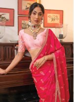 Hot Pink Satin Embroidered Classic Sari