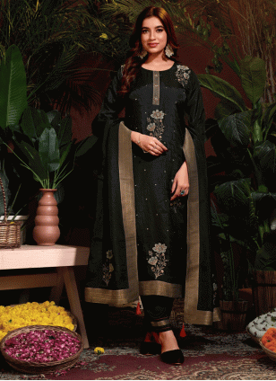 Jacquard Readymade Salwar Suits in Black