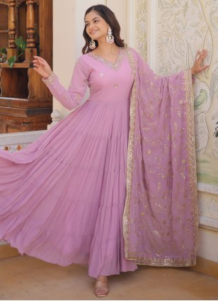 
                            Lavender Georgette Embroidered Readymade Gown