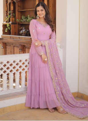 Lavender Georgette Embroidered Readymade Gown